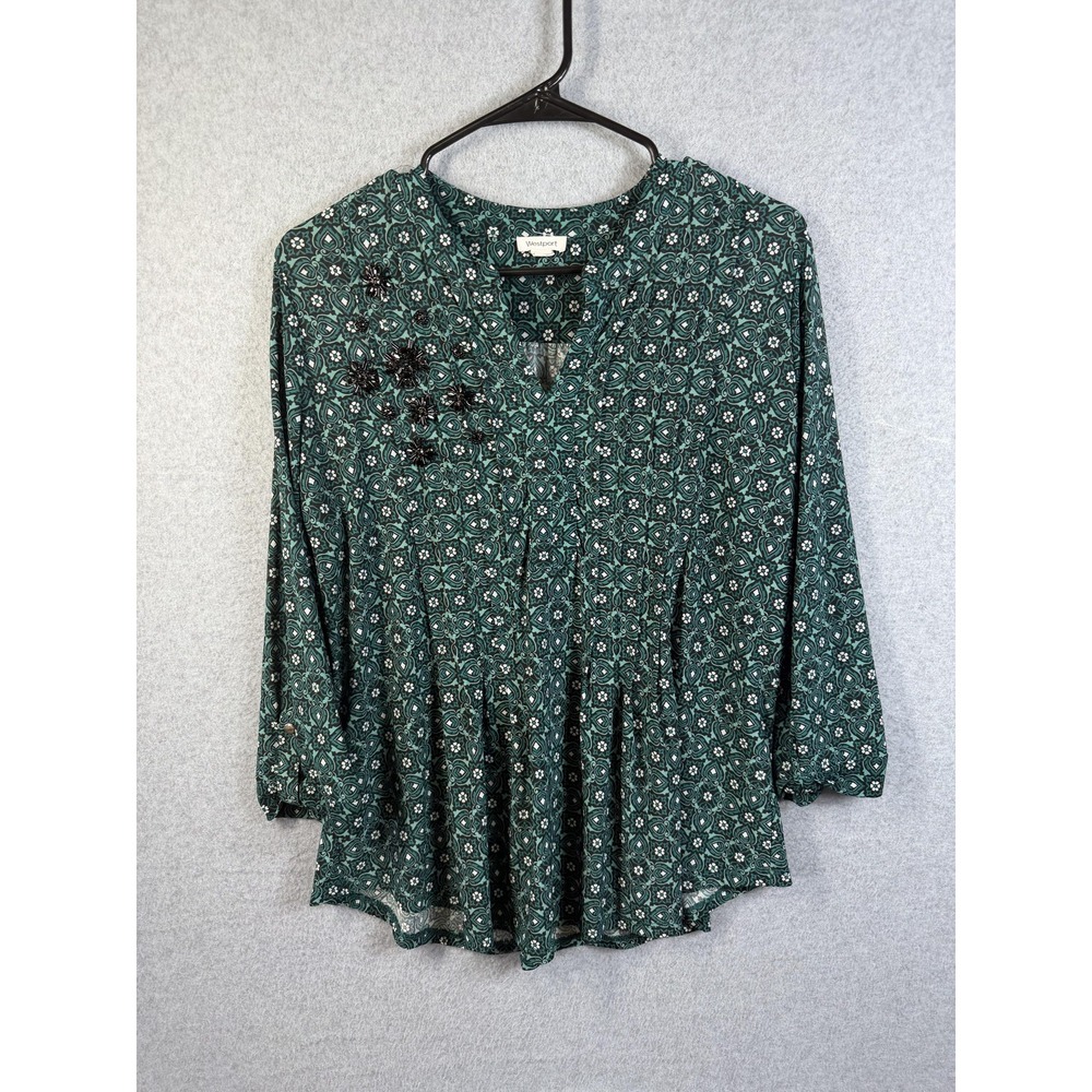 Westport Blouse Womens Petite XL Green Geometric Beaded 3/4 Sleeve Tunic Top